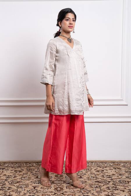 Shop_Vinusto_Pink Chanderi, Handloom Floral Zardosi Embroidered Short Angarkha And Palazzo Set _Online_at_Aza_Fashions