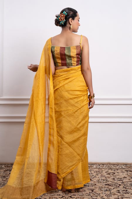 Shop Vinusto Yellow Chanderi Lace, Beads Scoop Neck Handwoven Saree With Embroidered Blouse at Aza Fashions Shop_Vinusto_Yellow Chanderi Lace, Beads Scoop Neck Handwoven Saree With Embroidered Blouse _at_Aza_Fashions