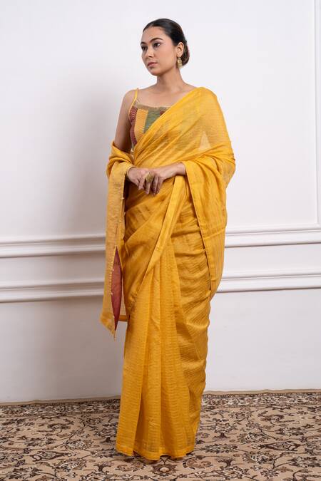 Buy Vinusto Yellow Chanderi Lace, Beads Scoop Neck Handwoven Saree With Embroidered Blouse Online at Aza Fashions Buy_Vinusto_Yellow Chanderi Lace, Beads Scoop Neck Handwoven Saree With Embroidered Blouse _Online_at_Aza_Fashions