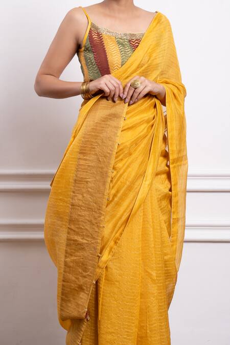 Shop Vinusto Yellow Chanderi Lace, Beads Scoop Neck Handwoven Saree With Embroidered Blouse Online at Aza Fashions Shop_Vinusto_Yellow Chanderi Lace, Beads Scoop Neck Handwoven Saree With Embroidered Blouse _Online_at_Aza_Fashions