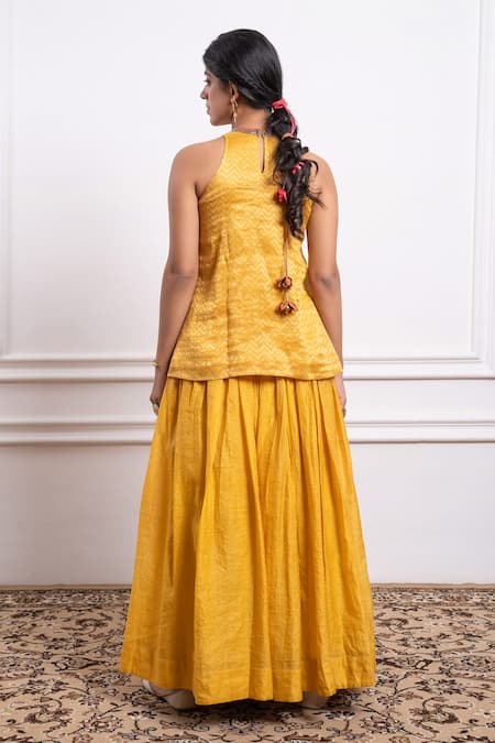Shop Vinusto Yellow Chanderi, Handloom Cotton Beads, Lace, Kurta With Stripe Pattern Skirt at Aza Fashions Shop_Vinusto_Yellow Chanderi, Handloom Cotton Beads, Lace, Kurta With Stripe Pattern Skirt _at_Aza_Fashions