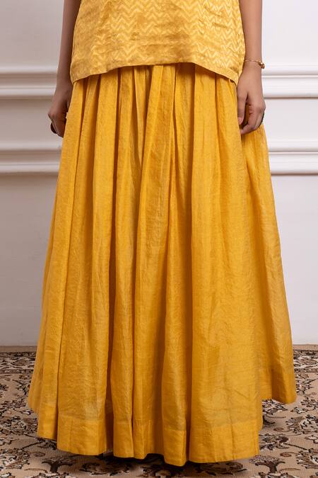 Vinusto Yellow Chanderi, Handloom Cotton Beads, Lace, Kurta With Stripe Pattern Skirt Online at Aza Fashions Vinusto_Yellow Chanderi, Handloom Cotton Beads, Lace, Kurta With Stripe Pattern Skirt _Online_at_Aza_Fashions