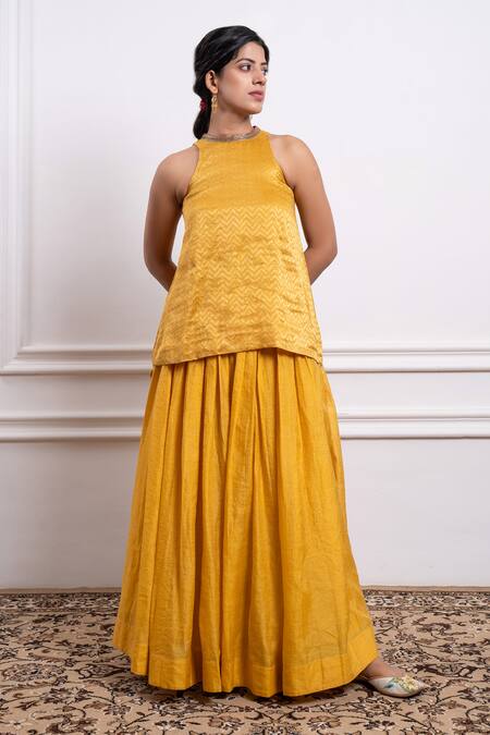 Buy Vinusto Yellow Chanderi, Handloom Cotton Beads, Lace, Kurta With Stripe Pattern Skirt Online at Aza Fashions Buy_Vinusto_Yellow Chanderi, Handloom Cotton Beads, Lace, Kurta With Stripe Pattern Skirt _Online_at_Aza_Fashions
