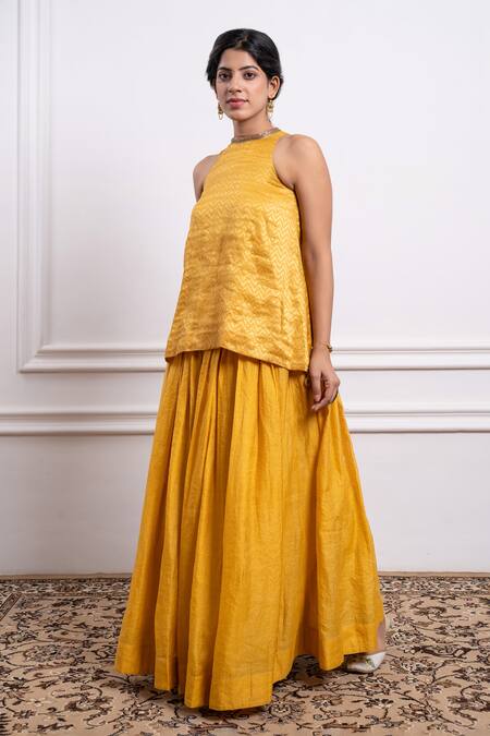 Shop Vinusto Yellow Chanderi, Handloom Cotton Beads, Lace, Kurta With Stripe Pattern Skirt Online at Aza Fashions Shop_Vinusto_Yellow Chanderi, Handloom Cotton Beads, Lace, Kurta With Stripe Pattern Skirt _Online_at_Aza_Fashions