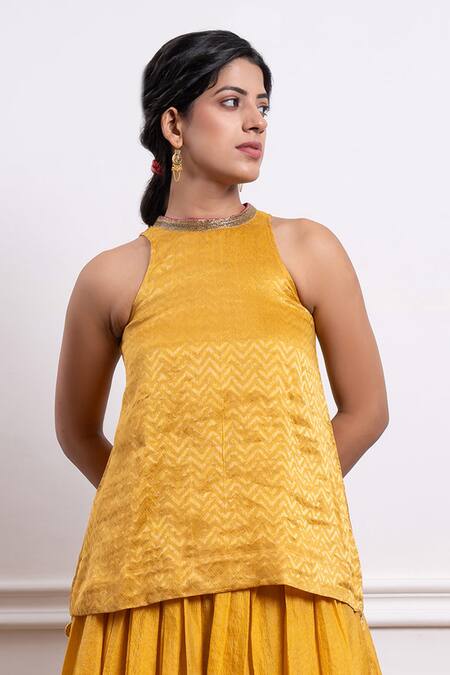 Vinusto Yellow Chanderi, Handloom Cotton Beads, Lace, Kurta With Stripe Pattern Skirt at Aza Fashions Vinusto_Yellow Chanderi, Handloom Cotton Beads, Lace, Kurta With Stripe Pattern Skirt _at_Aza_Fashions