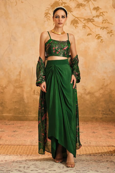 Blooming Threads_Green Lurex, Crepe Scoop Neck Chintz Bloom And Striped Cape & Draped Skirt Set _Online_at_Aza_Fashions