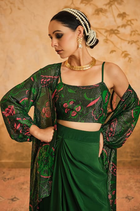 Buy_Blooming Threads_Green Lurex, Crepe Scoop Neck Chintz Bloom And Striped Cape & Draped Skirt Set _Online_at_Aza_Fashions