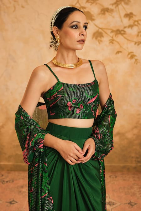 Shop_Blooming Threads_Green Lurex, Crepe Scoop Neck Chintz Bloom And Striped Cape & Draped Skirt Set _Online_at_Aza_Fashions
