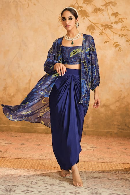 Blooming Threads Blue Cape And Blouse Lurex Geogette Print Chintz & Striped & Draped Skirt Set 