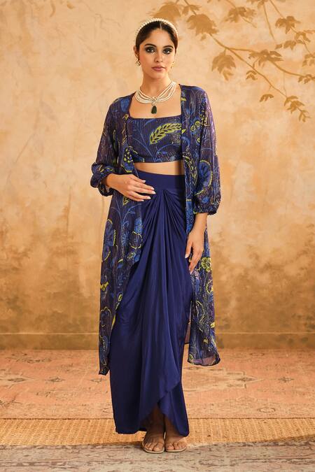 Blooming Threads_Blue Lurex, Crepe Scoop Neck Chintz Blossom And Striped Cape & Draped Skirt Set _Online_at_Aza_Fashions