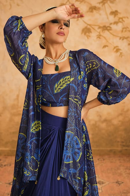 Buy_Blooming Threads_Blue Lurex, Crepe Scoop Neck Chintz Blossom And Striped Cape & Draped Skirt Set _Online_at_Aza_Fashions