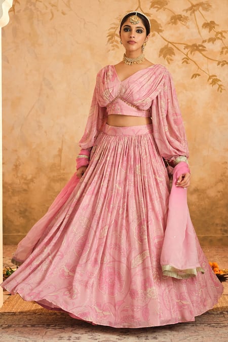 Blooming Threads Pink Blouse And Lehenga Lurex Georgette Print Chintz Flora V Neck Set 