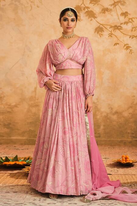 Buy_Blooming Threads_Pink Lurex, Georgette, Organza Embroidery V-neck Chintz Flora Print Lehenga Set _Online_at_Aza_Fashions