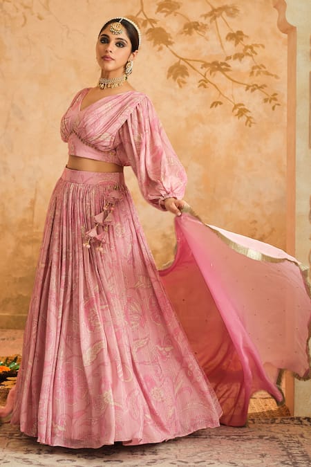 Shop_Blooming Threads_Pink Lurex, Georgette, Organza Embroidery V-neck Chintz Flora Print Lehenga Set _Online_at_Aza_Fashions