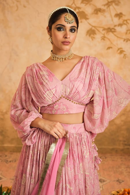 Blooming Threads_Pink Lurex, Georgette, Organza Embroidery V-neck Chintz Flora Print Lehenga Set _at_Aza_Fashions