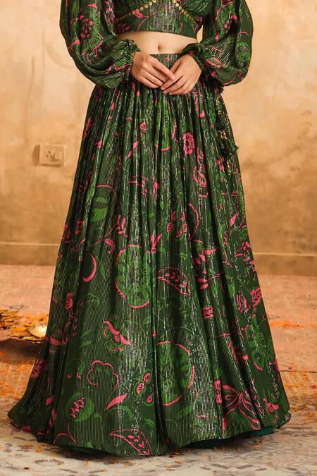 Blooming Threads_Green Lurex, Georgette, Organza Lace V-neck Chintz Floral Print Lehenga Set _Online_at_Aza_Fashions