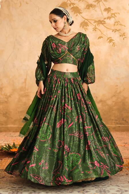 Buy_Blooming Threads_Green Lurex, Georgette, Organza Lace V-neck Chintz Floral Print Lehenga Set _Online_at_Aza_Fashions
