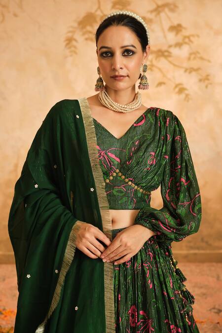 Shop_Blooming Threads_Green Lurex, Georgette, Organza Lace V-neck Chintz Floral Print Lehenga Set _Online_at_Aza_Fashions