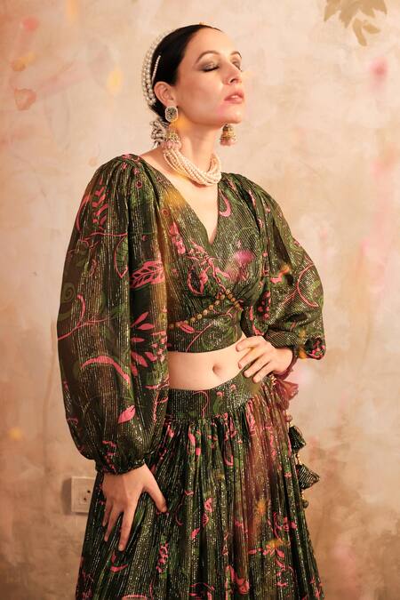 Blooming Threads_Green Lurex, Georgette, Organza Lace V-neck Chintz Floral Print Lehenga Set _at_Aza_Fashions