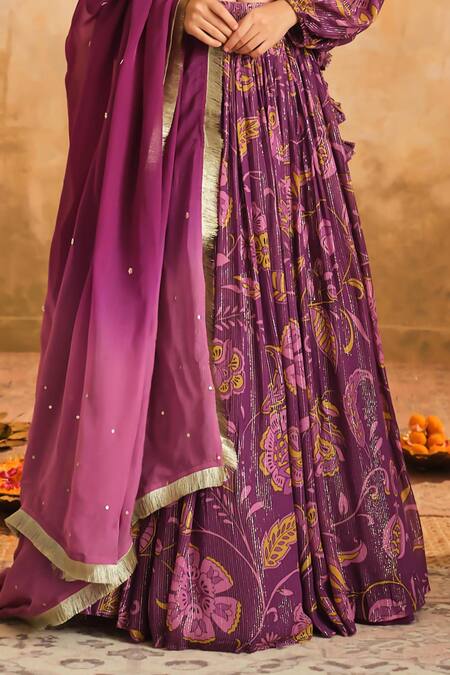 Buy_Blooming Threads_Purple Lurex, Georgette, Organza V-neck Chintz Print Lehenga Set _Online_at_Aza_Fashions