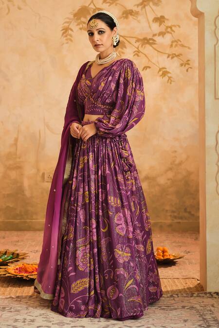Shop_Blooming Threads_Purple Lurex, Georgette, Organza V-neck Chintz Print Lehenga Set _Online_at_Aza_Fashions