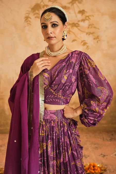 Blooming Threads_Purple Lurex, Georgette, Organza V-neck Chintz Print Lehenga Set _at_Aza_Fashions