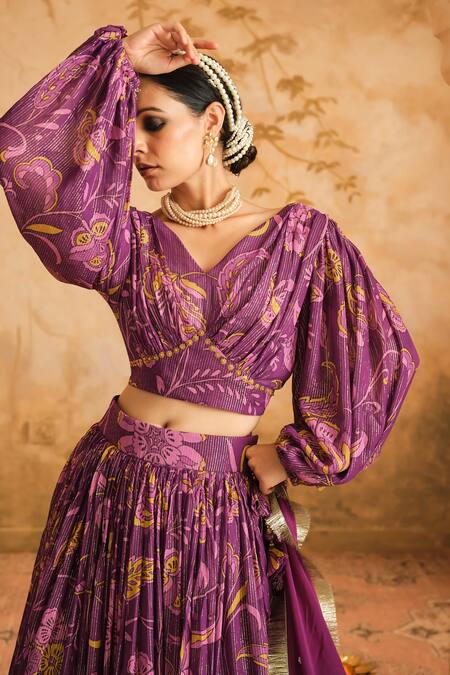 Buy_Blooming Threads_Purple Lurex, Georgette, Organza V-neck Chintz Print Lehenga Set 