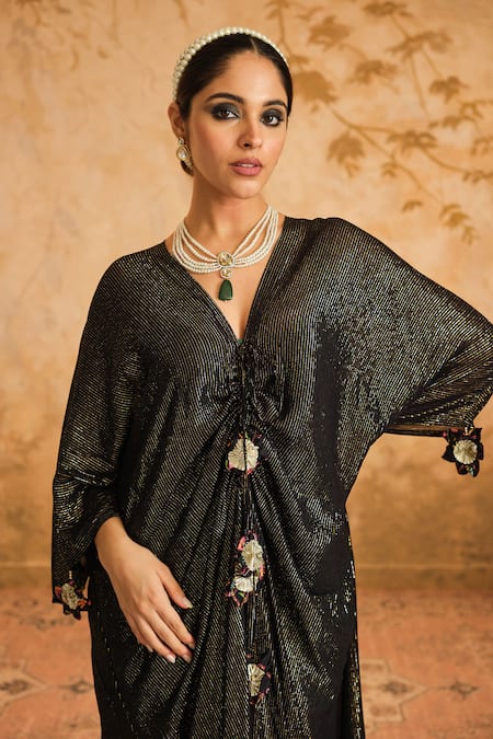 Buy_Blooming Threads_Black Lurex, Georgette, Cotton Tassels Striped Front Gathered Kaftan With Inner _Online_at_Aza_Fashions