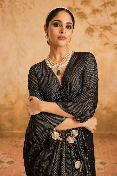 Shop_Blooming Threads_Black Lurex, Georgette, Cotton Tassels Striped Front Gathered Kaftan With Inner _Online_at_Aza_Fashions