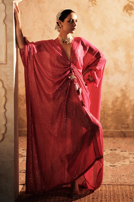 Blooming Threads Lurex Striped Front Gathered Long Kaftan With Inner 