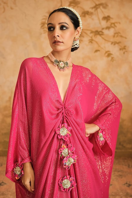 Blooming Threads_Pink Lurex, Georgette, Cotton Striped Front Gathered Long Kaftan With Inner _Online_at_Aza_Fashions