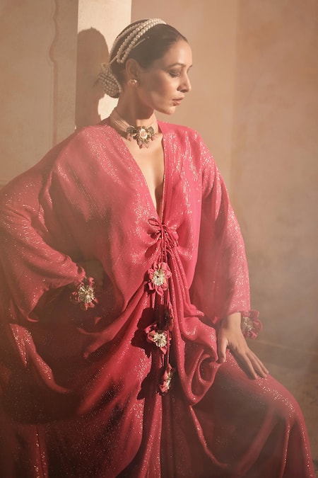 Buy_Blooming Threads_Pink Lurex, Georgette, Cotton Striped Front Gathered Long Kaftan With Inner _Online_at_Aza_Fashions