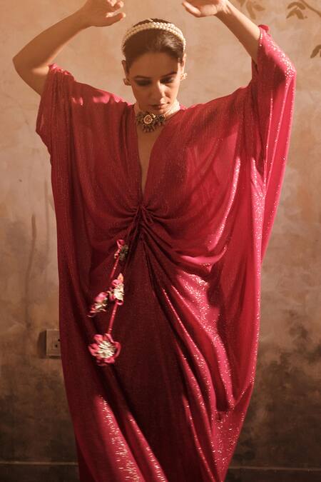 Blooming Threads_Pink Lurex, Georgette, Cotton Striped Front Gathered Long Kaftan With Inner _at_Aza_Fashions