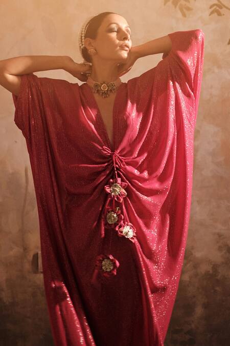 Buy_Blooming Threads_Pink Lurex, Georgette, Cotton Striped Front Gathered Long Kaftan With Inner 