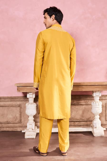 Shop Krisha Sunny Ramani Yellow Cotton, Silk Beads, Sequins Resham Embroidered Kurta With Pant at Aza Fashions Shop_Krisha Sunny Ramani_Yellow Cotton, Silk Beads, Sequins Resham Embroidered Kurta With Pant _at_Aza_Fashions