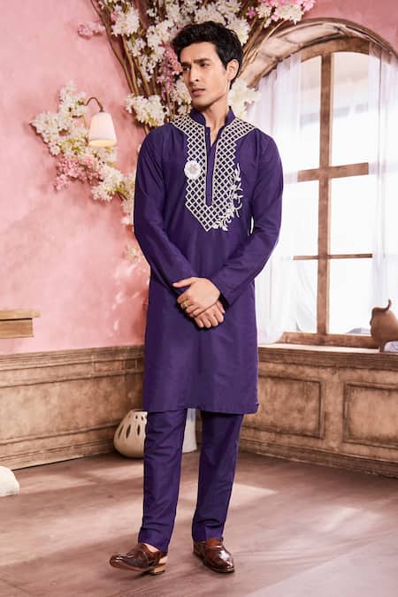 Krisha Sunny Ramani Blue Cotton, Silk Beads, Sequins Floral Embroidered Kurta With Pant Online at Aza Fashions Krisha Sunny Ramani_Blue Cotton, Silk Beads, Sequins Floral Embroidered Kurta With Pant _Online_at_Aza_Fashions