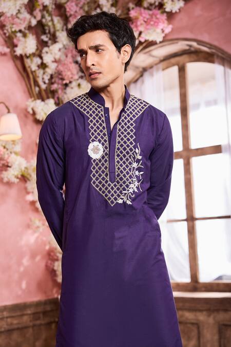 Buy Krisha Sunny Ramani Blue Cotton, Silk Beads, Sequins Floral Embroidered Kurta With Pant Online at Aza Fashions Buy_Krisha Sunny Ramani_Blue Cotton, Silk Beads, Sequins Floral Embroidered Kurta With Pant _Online_at_Aza_Fashions