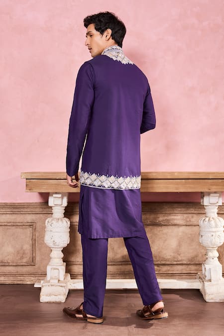 Shop Krisha Sunny Ramani Blue Cotton, Silk Sequins, Crystals, Beads Embroidered Bundi Kurta Set at Aza Fashions Shop_Krisha Sunny Ramani_Blue Cotton, Silk Sequins, Crystals, Beads Embroidered Bundi Kurta Set _at_Aza_Fashions