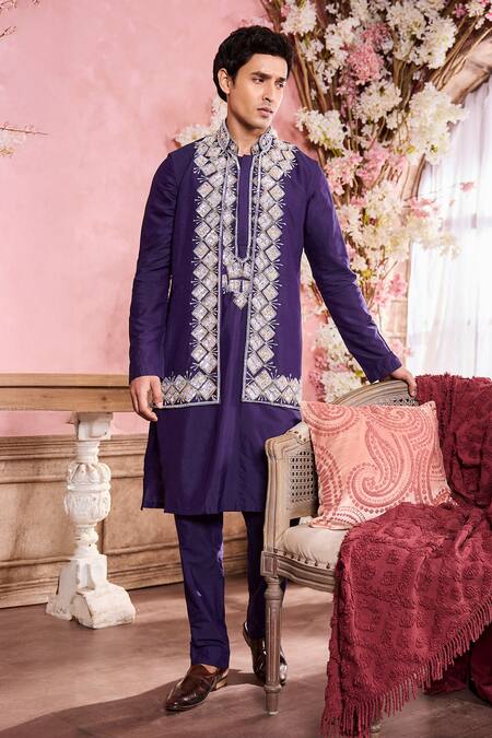 Krisha Sunny Ramani Blue Cotton, Silk Sequins, Crystals, Beads Embroidered Bundi Kurta Set Online at Aza Fashions Krisha Sunny Ramani_Blue Cotton, Silk Sequins, Crystals, Beads Embroidered Bundi Kurta Set _Online_at_Aza_Fashions