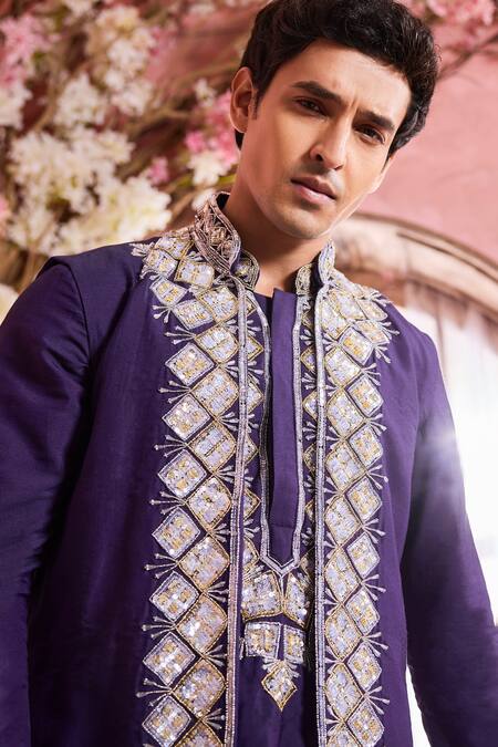 Buy Krisha Sunny Ramani Blue Cotton, Silk Sequins, Crystals, Beads Embroidered Bundi Kurta Set Online at Aza Fashions Buy_Krisha Sunny Ramani_Blue Cotton, Silk Sequins, Crystals, Beads Embroidered Bundi Kurta Set _Online_at_Aza_Fashions