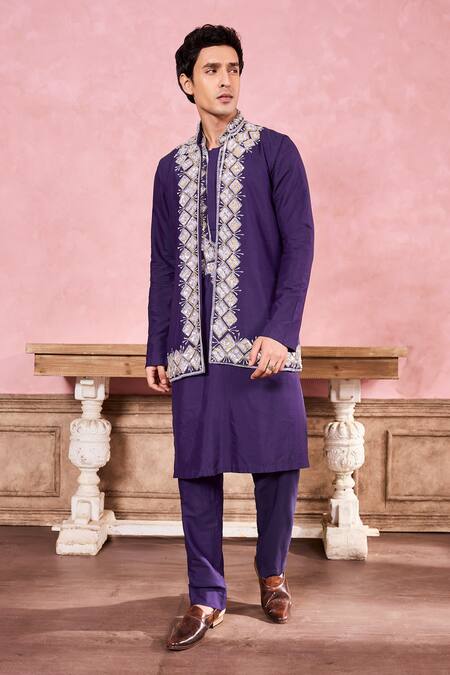 Shop Krisha Sunny Ramani Blue Cotton, Silk Sequins, Crystals, Beads Embroidered Bundi Kurta Set Online at Aza Fashions Shop_Krisha Sunny Ramani_Blue Cotton, Silk Sequins, Crystals, Beads Embroidered Bundi Kurta Set _Online_at_Aza_Fashions