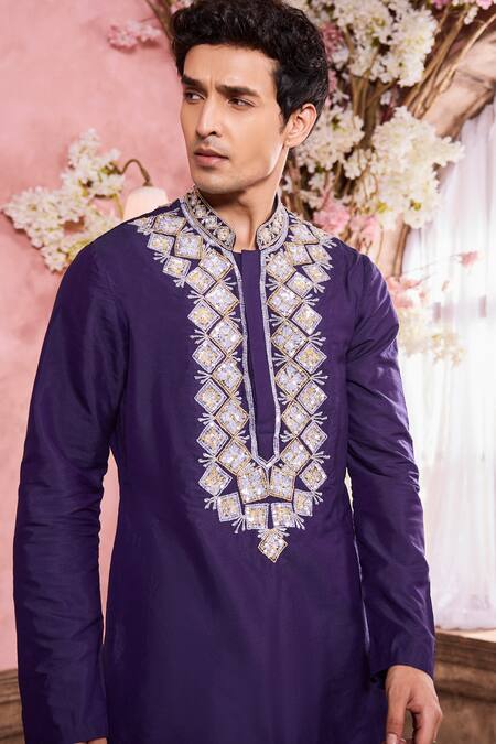 Krisha Sunny Ramani Blue Cotton, Silk Sequins, Crystals, Beads Embroidered Kurta With Pant Online at Aza Fashions Krisha Sunny Ramani_Blue Cotton, Silk Sequins, Crystals, Beads Embroidered Kurta With Pant _Online_at_Aza_Fashions