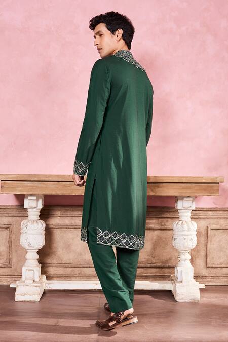 Shop Krisha Sunny Ramani Green Cotton, Silk Sequins, Crystals, Geometric Embroidered Kurta With Pant at Aza Fashions Shop_Krisha Sunny Ramani_Green Cotton, Silk Sequins, Crystals, Geometric Embroidered Kurta With Pant _at_Aza_Fashions