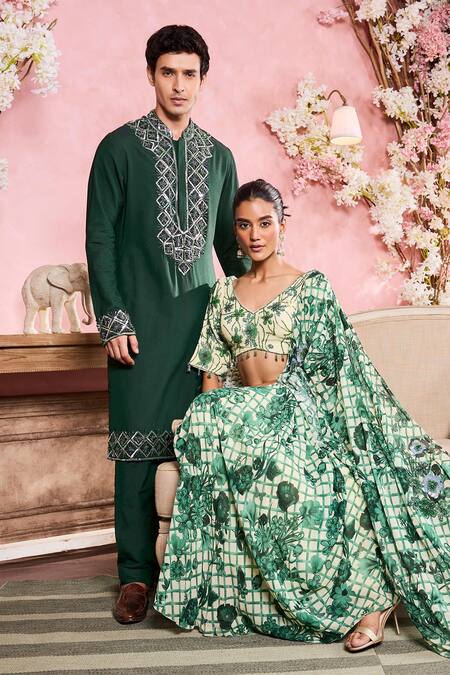 Krisha Sunny Ramani Green Cotton, Silk Sequins, Crystals, Geometric Embroidered Kurta With Pant Online at Aza Fashions Krisha Sunny Ramani_Green Cotton, Silk Sequins, Crystals, Geometric Embroidered Kurta With Pant _Online_at_Aza_Fashions