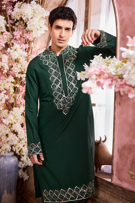 Buy Krisha Sunny Ramani Green Cotton, Silk Sequins, Crystals, Geometric Embroidered Kurta With Pant Online at Aza Fashions Buy_Krisha Sunny Ramani_Green Cotton, Silk Sequins, Crystals, Geometric Embroidered Kurta With Pant _Online_at_Aza_Fashions