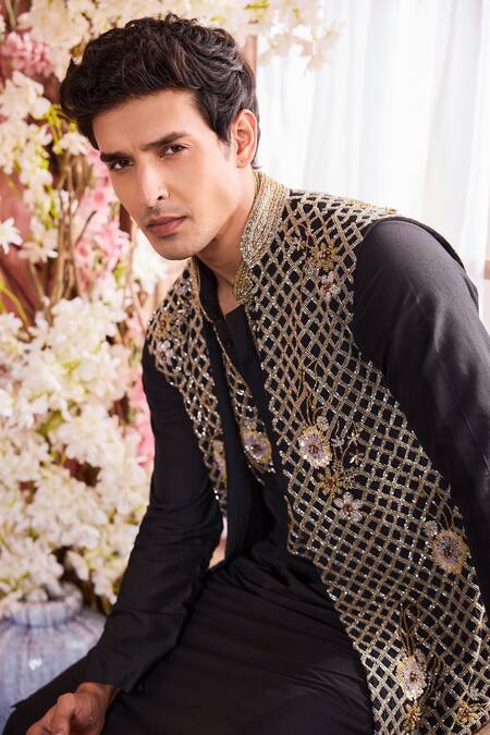Buy_Krisha Sunny Ramani_Black Cotton, Silk Sequins, Crystals, Beads Geometric Embroidered Bundi Set _Online_at_Aza_Fashions