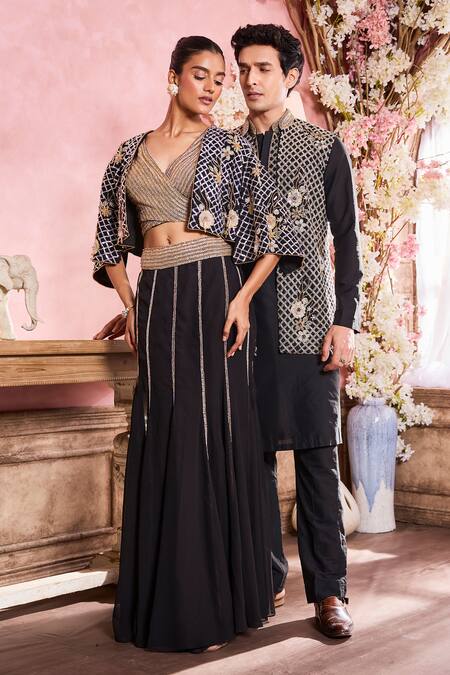 Shop_Krisha Sunny Ramani_Black Cotton, Silk Sequins, Crystals, Beads Geometric Embroidered Bundi Set _Online_at_Aza_Fashions