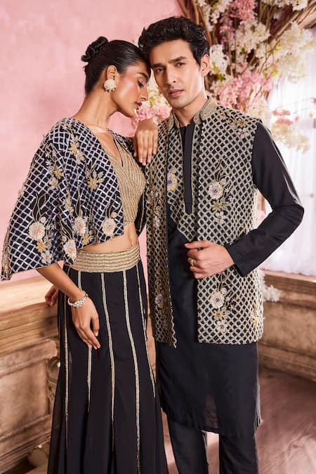 Krisha Sunny Ramani_Black Cotton, Silk Sequins, Crystals, Beads Geometric Embroidered Bundi Set _at_Aza_Fashions