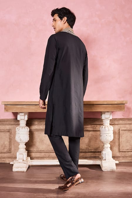 Shop Krisha Sunny Ramani Black Cotton, Silk Sequins, Geometric Pattern Embroidered Kurta With Pant at Aza Fashions Shop_Krisha Sunny Ramani_Black Cotton, Silk Sequins, Geometric Pattern Embroidered Kurta With Pant _at_Aza_Fashions