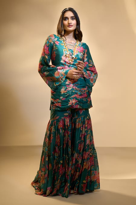 Shop_Aariyana Couture_Green Pearls, Applique, Embroidery Floral Print Ruched Tunic And Sharara Set 